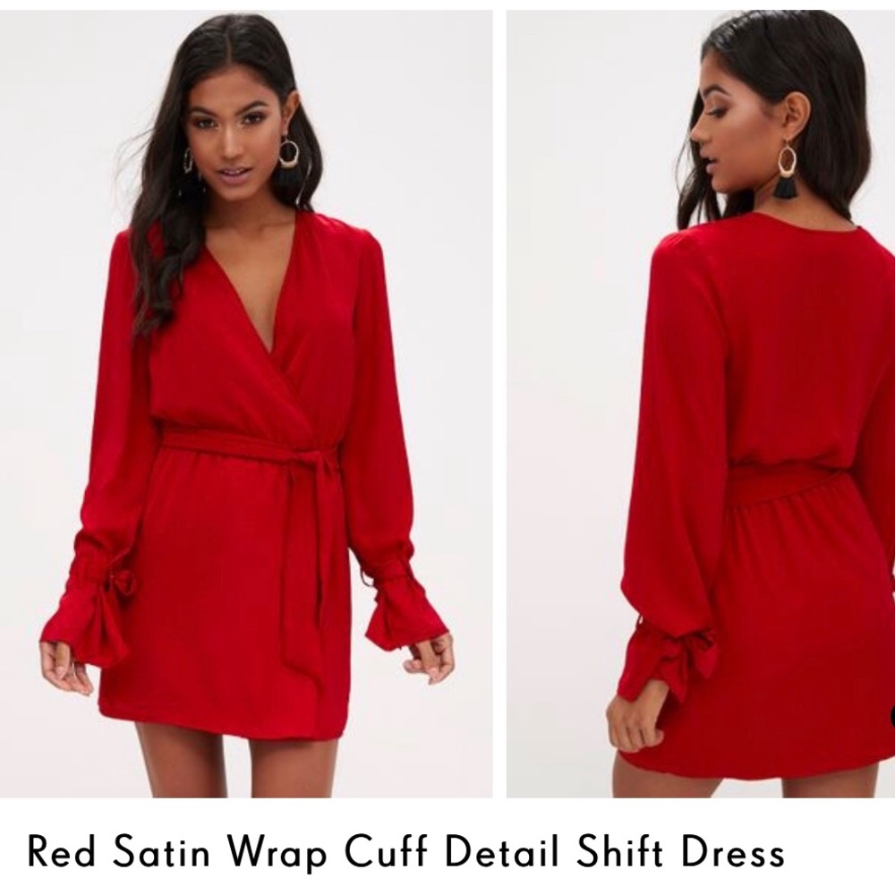PLT red satin wrap cuff detail shift dress